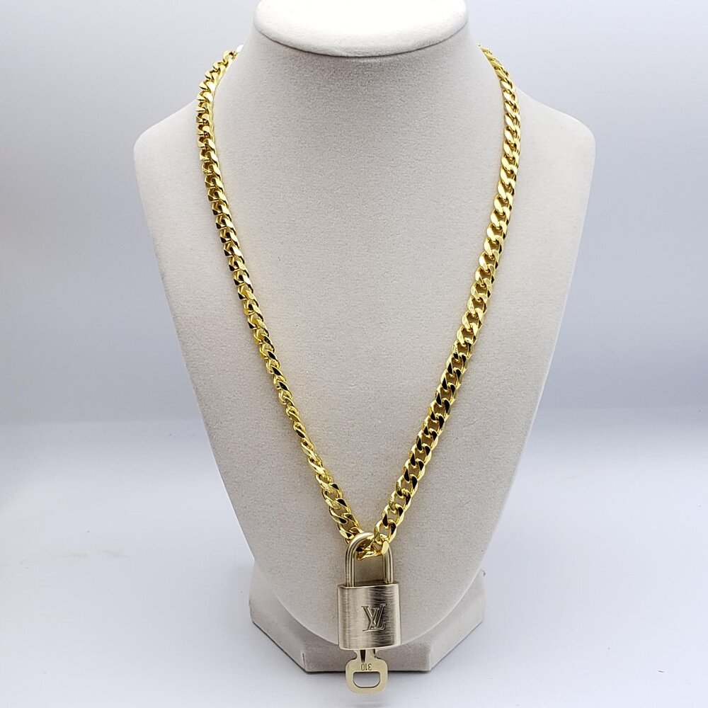 Stainless Steel Gold-Plated Necklace with Authentic Louis Vuitton Padlock